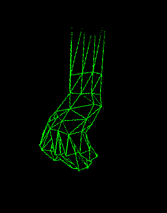 A tridimensional polygonal hand weaves in place.